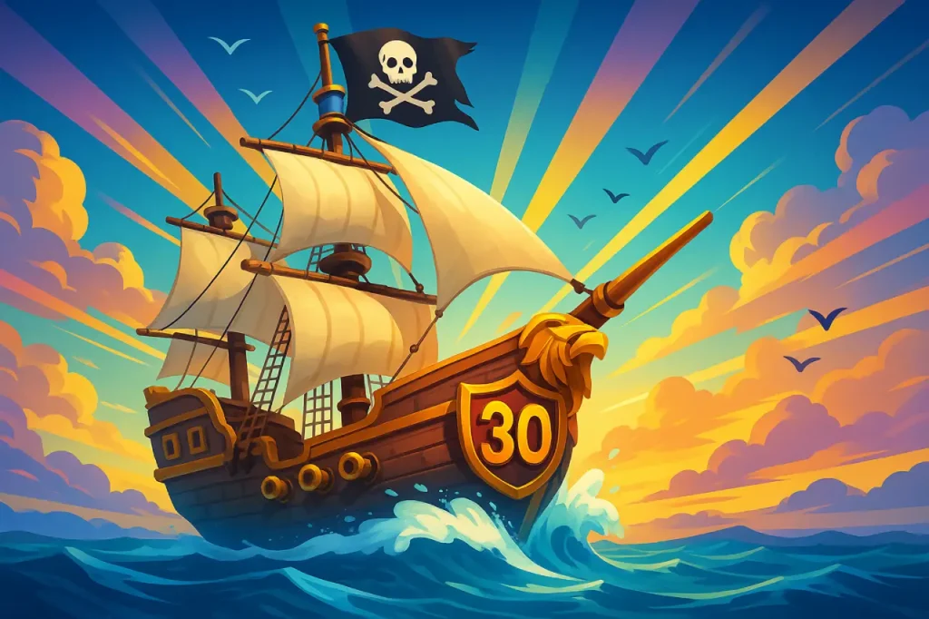 Sea of Conquest pirate ship with level 30 badge representing fast ship progression for Coins2Cash rewards